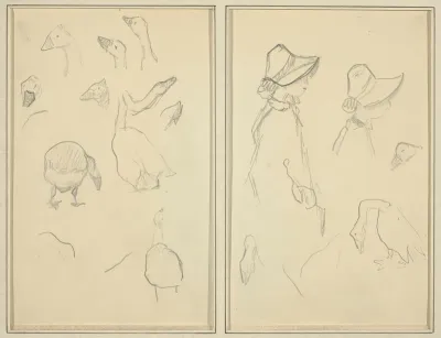Geese; Girls in Bonnets, Geese [recto]