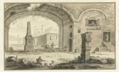 Gefantaseerd Italiaans stadsgezicht met klassieke bouwwerken en doorkijk onder een boog