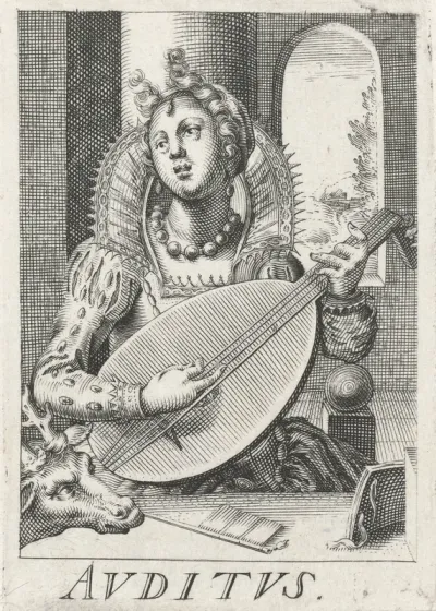 Gehoor (Auditus), een vrouw met een snaarinstrument