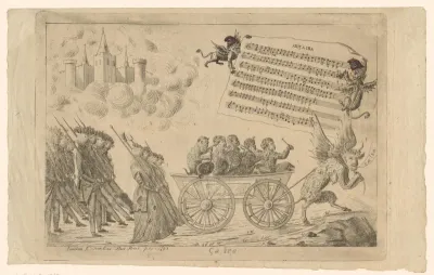 Gehoornde duivel trekt een kar met aapachtige muzikanten gevolgd door infanterie met koppen van kippen en hanen