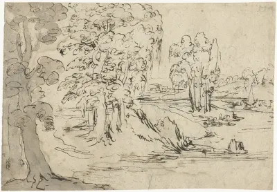Geïdealiseerd Italiaans landschap met een rivier
