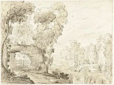 Geïdealiseerd Italiaans landschap met een vervallen brug en een kasteel