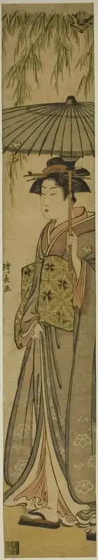 Geisha Carrying a Parasol under a Willow Tree