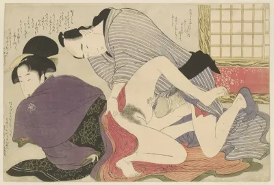 Geisha en minnaar bij vrijstaand kamerscherm