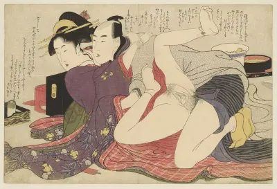 Geisha in kimono met lange mouwen en haar geliefde