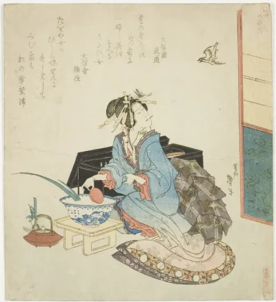 Geisha looking up at a cuckoo, from the series "Five Annual Festivals for the Katsushika Circle (Katsushika gosekku)"