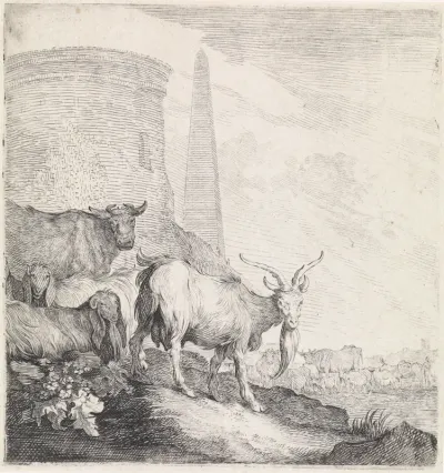 Geiten en koeien bij een ronde toren met een obelisk