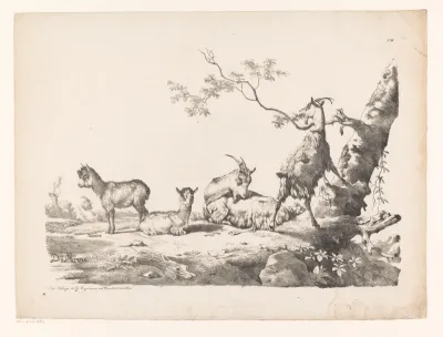 Geiten met jongen in een landschap bij een boom