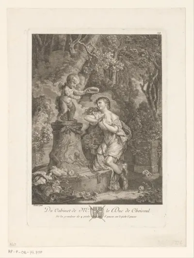 Geknield meisje gekroond door Amor op pedestal