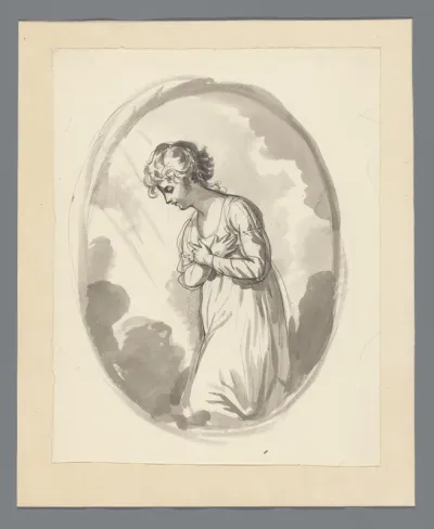 Geknield meisje, met de handen voor de borst, in ovaal