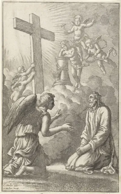 Geknielde Christus omringd door engelen met de passiewerktuigen