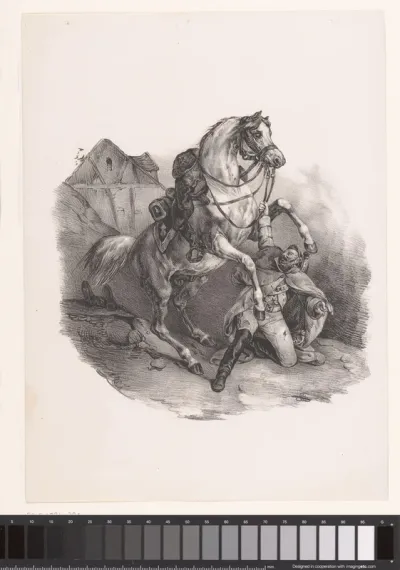 Geknielde dragonder met paard