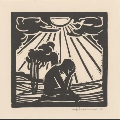 Geknielde figuur in een landschap met bomen
