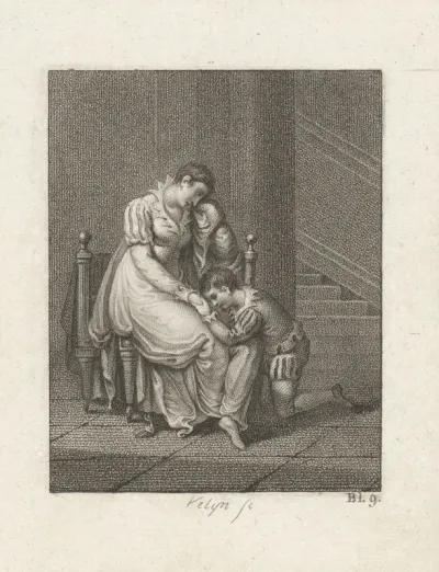 Geknielde jongen bij een vrouw op een stoel