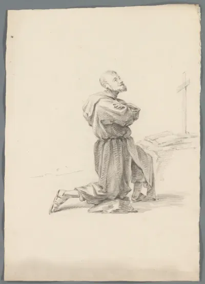 Geknielde monnik of pelgrim voor een boek en kruis