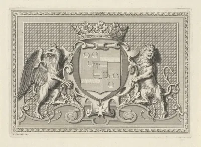 Gekroond wapenschild gedragen door een hybride adelaar en een leeuw