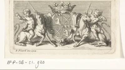 Gekroond wapenschild geflankeerd door eenhoorns