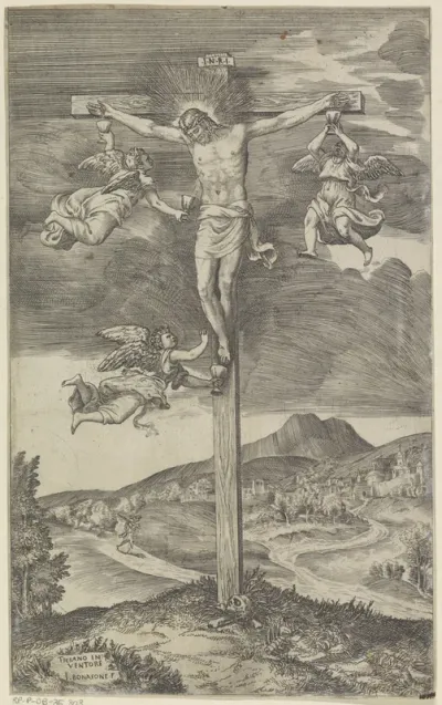 Gekruisigde Christus met drie engelen