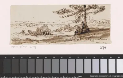 Gelders landschap met rustende jagers onder een boom