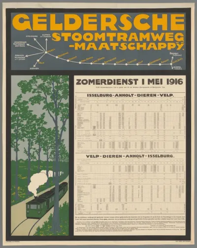 Geldersche Stoomwegmaatschappij. Zomerdienst 1 mei 1916. Velp-Dieren-Anholt-IJsselburg