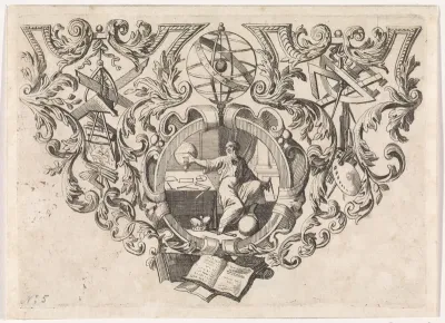 Geleerde met globe en meetkundige instrumenten
