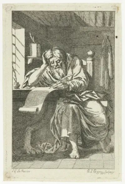 Geleerde schrijvend in zijn studeervertrek