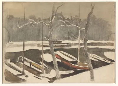 Gemeerde schuiten aan een besneeuwde gracht