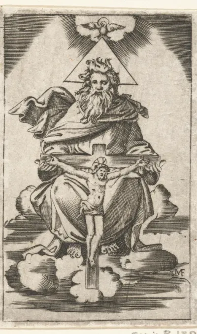 Genadestoel met God de vader die crucifix vasthoudt en  heilige Geest