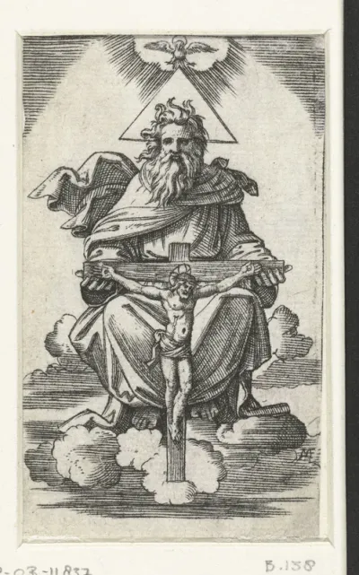 Genadestoel met God de vader die crucifix vasthoudt en heilige Geest