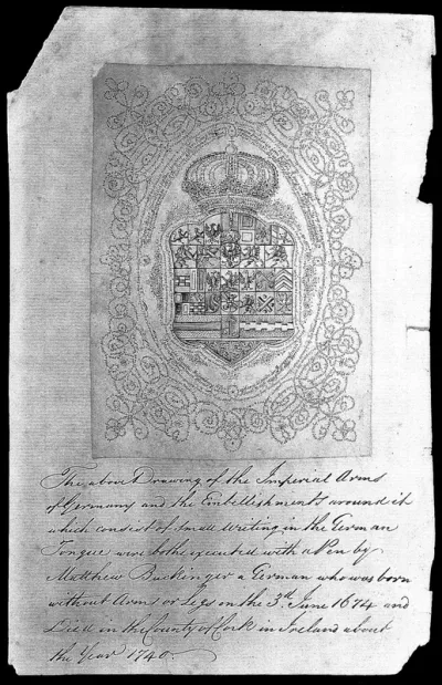 Genealogical table of the Franconian line of the Hohenzollern arranged in circular writing in the shape of the Prussian royal crown surrounding the complete set of coats of arms of the line