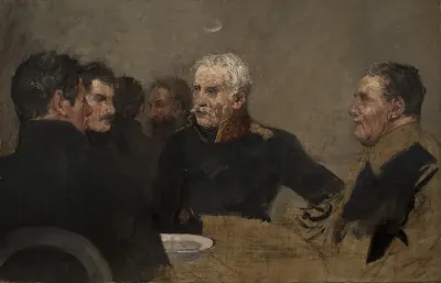 General Blücher mit seinen Offizieren am Tisch sitzend