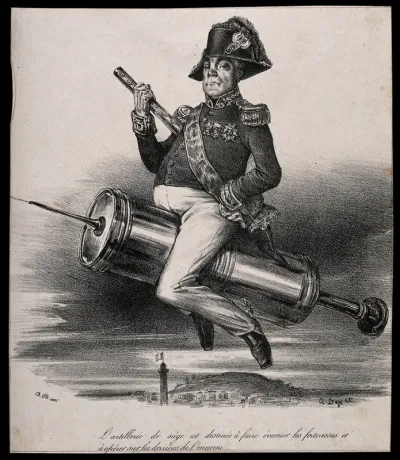 General Georges Mouton sits perched on an enormous clyster; representing his use of a prototype water-cannon in quelling an uprising