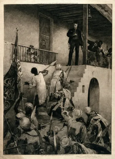 General Gordon standing on the stairs of his house about to be speared by dervishes