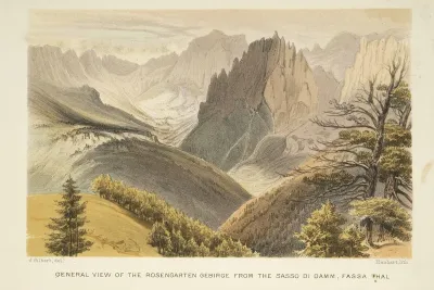 General view of the Rosengarten Gebirge from the Sasso di Damm, Fassa thal