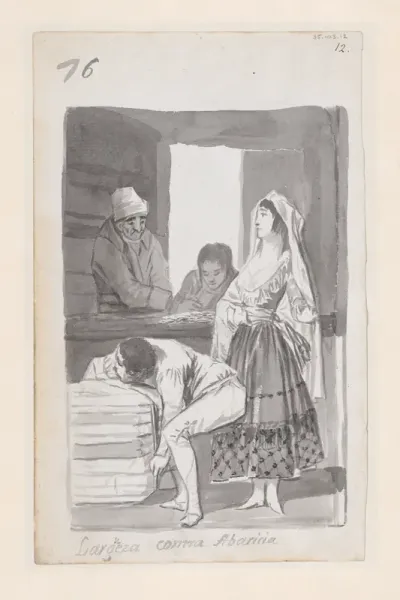 Generosity versus Greed; a woman and three men conducting a transaction inside a shop; folio 76 (recto) from the Madrid Album "B"