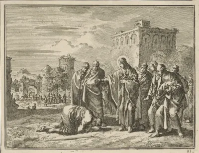 Genezen melaatse knielt aan de voeten van Christus