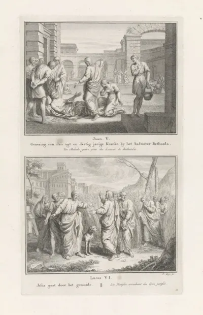 Genezing bij het bad van Betzata / Christus en zijn leerlingen op sabbat in de korenvelden