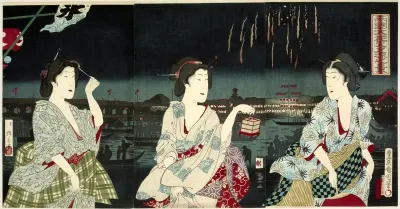Genietend van het avondbriesje tijdens het vuurwerk te Ryogoku