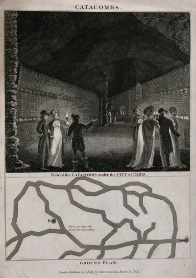 Gentlemen and ladies equipped with torches visiting the catacombs beneath the city of Paris