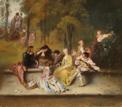 Gentlemen and Ladies on the Terrace, after detail in painting by Antoine Watteau