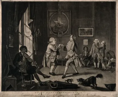 Gentlemen being instructed in dancing and posture