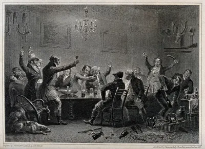 Gentlemen gathering for a joyful celebration after a foxhunt