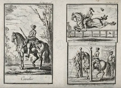 Gentlemen on horses performing three different gaits, including a capriole and a piaffe