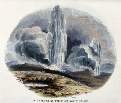Geography: hot springs in Iceland, with vegetation in the foreground