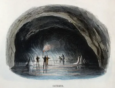 Geography: men in a large cave, with torches