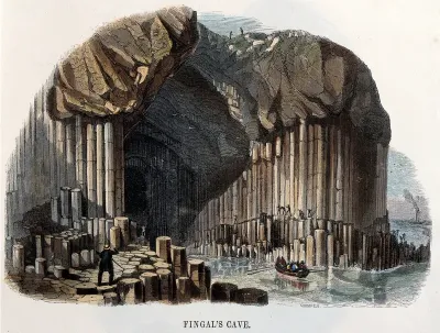 Geography: men in a rowing boat, entering Fingal's Cave