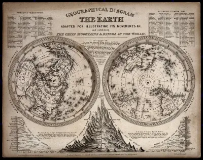 Geography: two rotating discs showing the hemispheres of the earth, fixed to a card giving details of their use