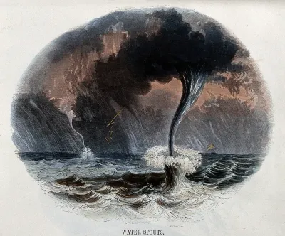 Geography: water spouts at sea, with rain