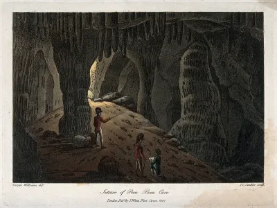 Geology: two soldiers being shown the interior of Poca Roca Cave
