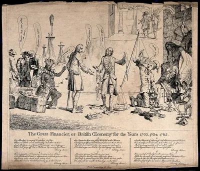 George Grenville, Chancellor of the Exchequer, holding a pair of unbalanced scales representing his budget, while William Pitt the elder and others mock him and make suggestions for reducing the British government's debt
